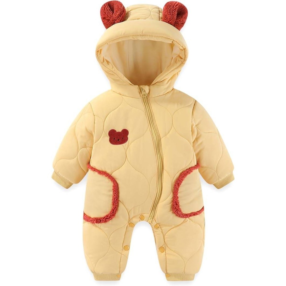 Baby Quilted Snowsuit Hooded Sherpa Lined Winter Yellow Bear Ears‎ 12-18M-NWT